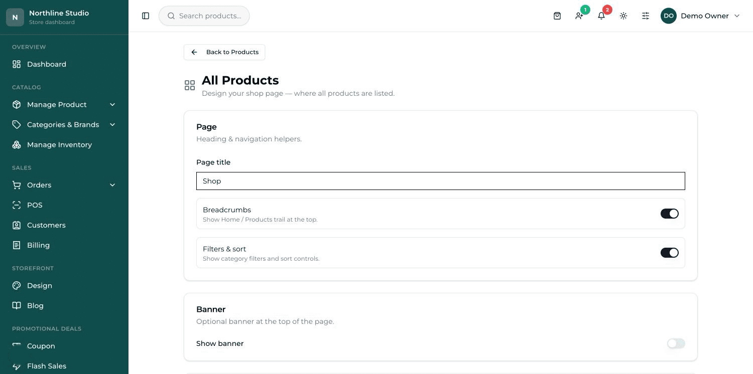 The All Products design screen, with the Page, Banner and Product cards settings.