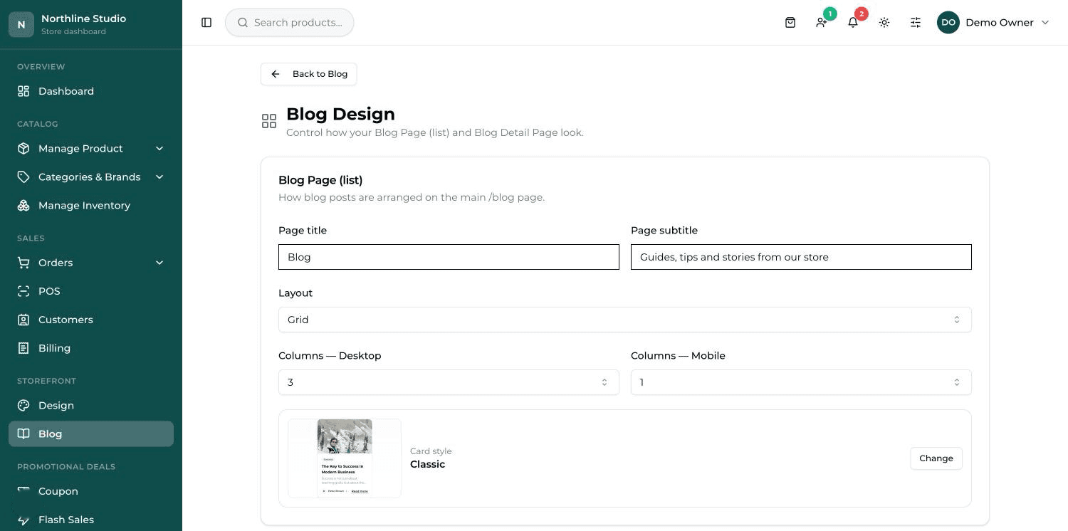 The Blog Design screen: the list settings at the top and the article-page settings underneath.