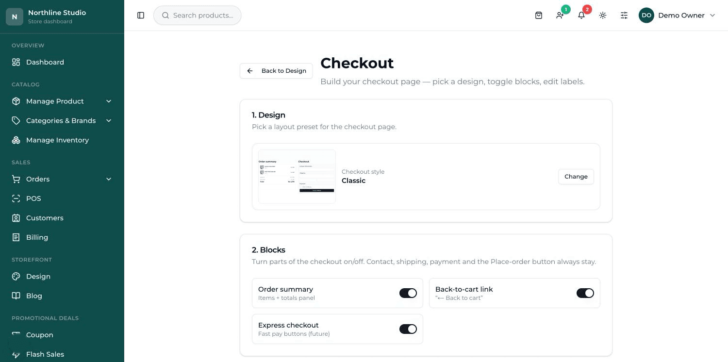 The Form fields card: rows of checkout boxes, each with On and Required switches, and an Add custom field button.