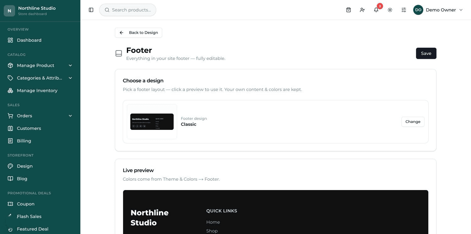The Footer screen: the design chooser and live preview at the top, with the Brand, Contact and Link columns cards below.