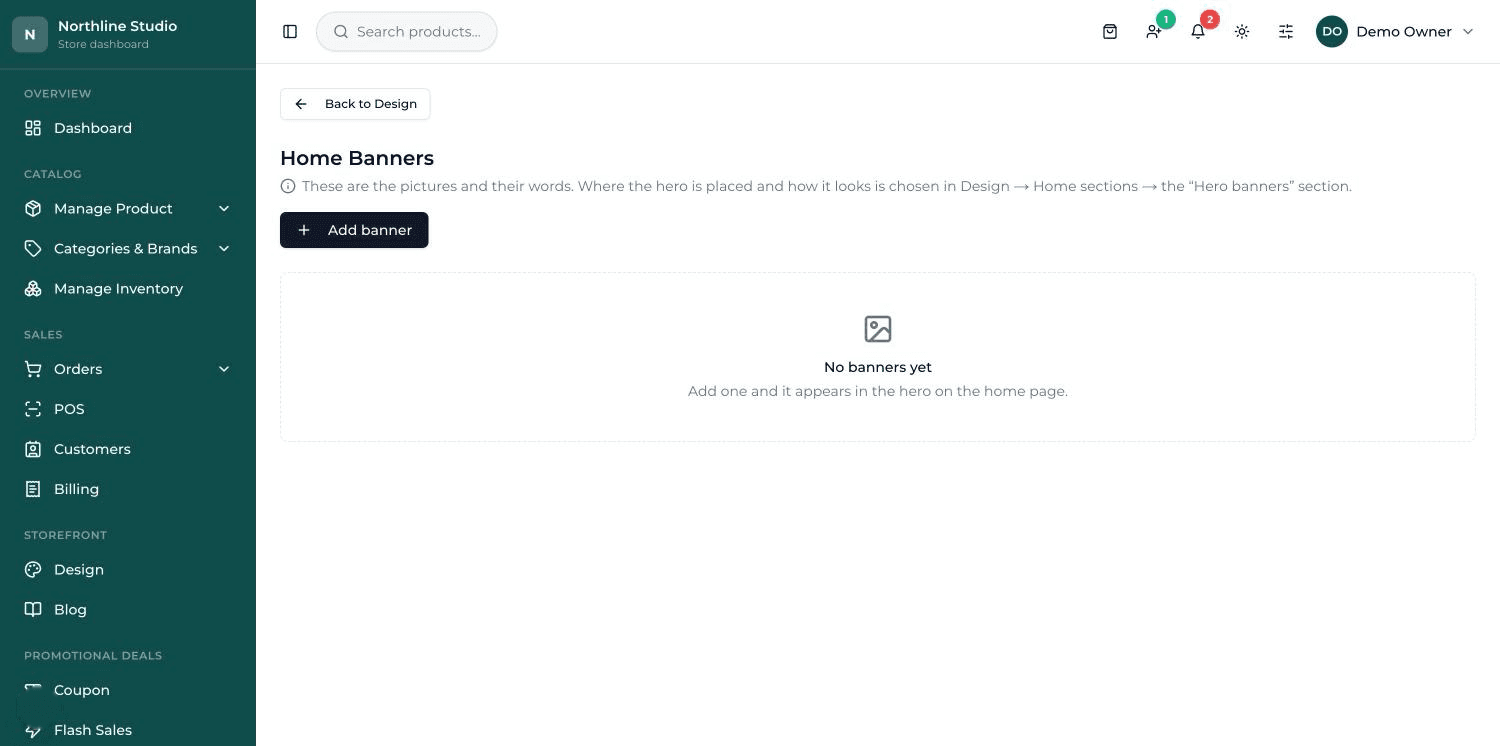 The banner editor: two upload boxes for desktop and phone pictures, text fields, and a preview with Desktop and Phone buttons.