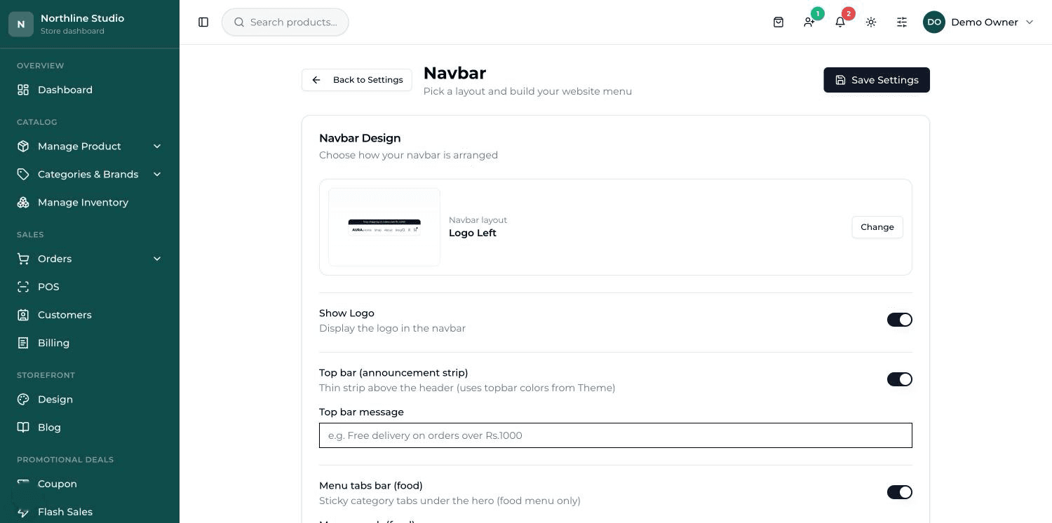 The Menu Links card: rows with a page dropdown, a label box, an address box, a switch and a bin.