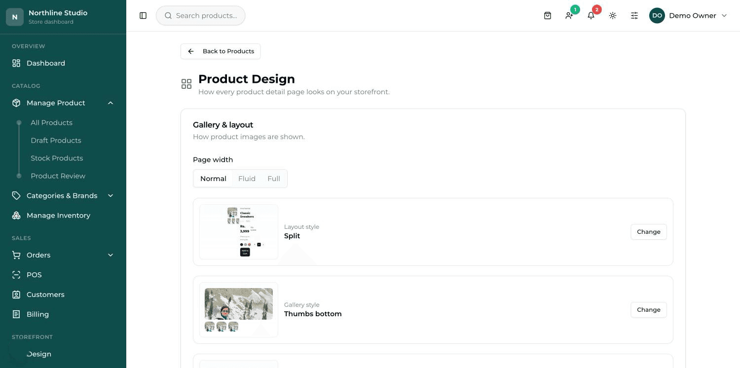 The Product Design screen: the Gallery & layout card with layout, gallery and image-shape choosers.