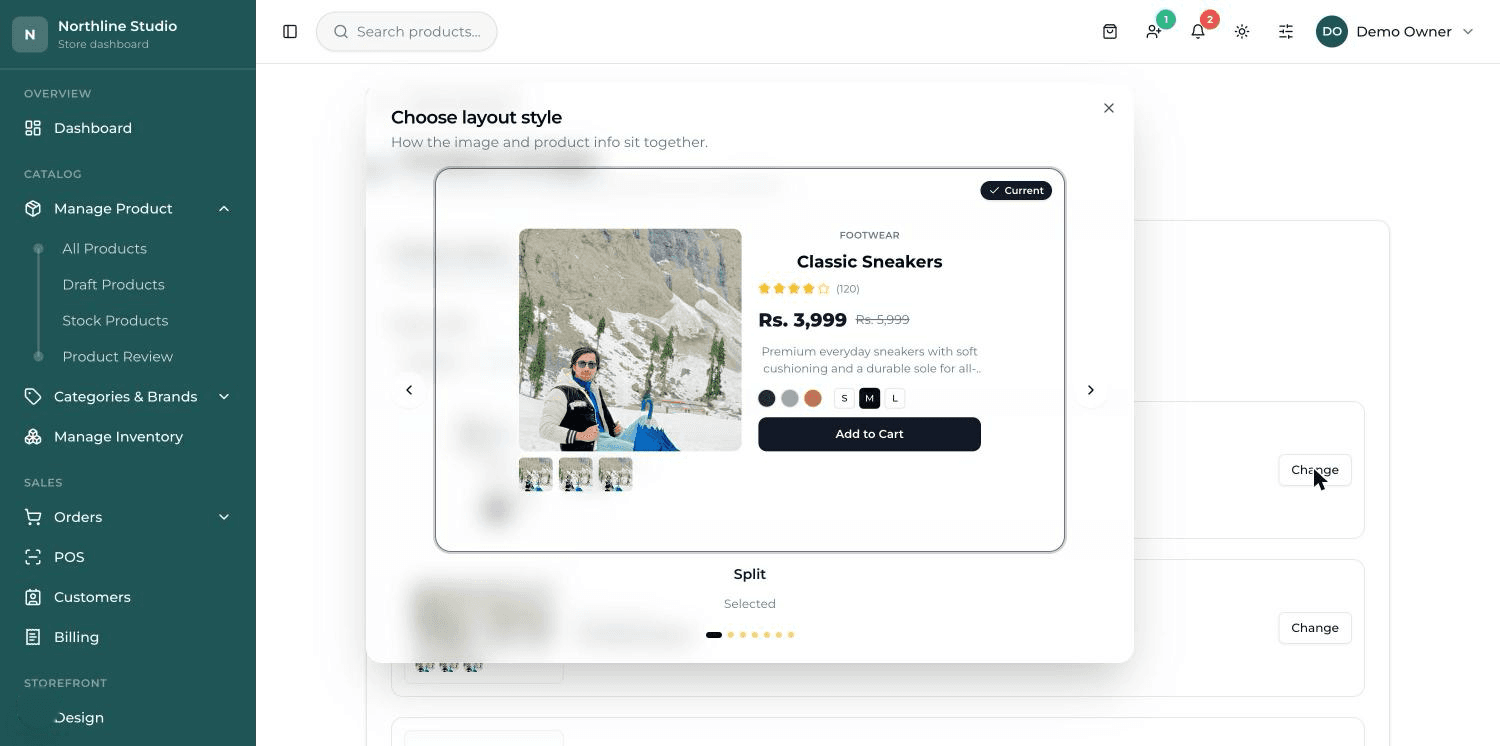 The design chooser window: one large design preview, arrows on both sides, dots underneath, and a Current tag.