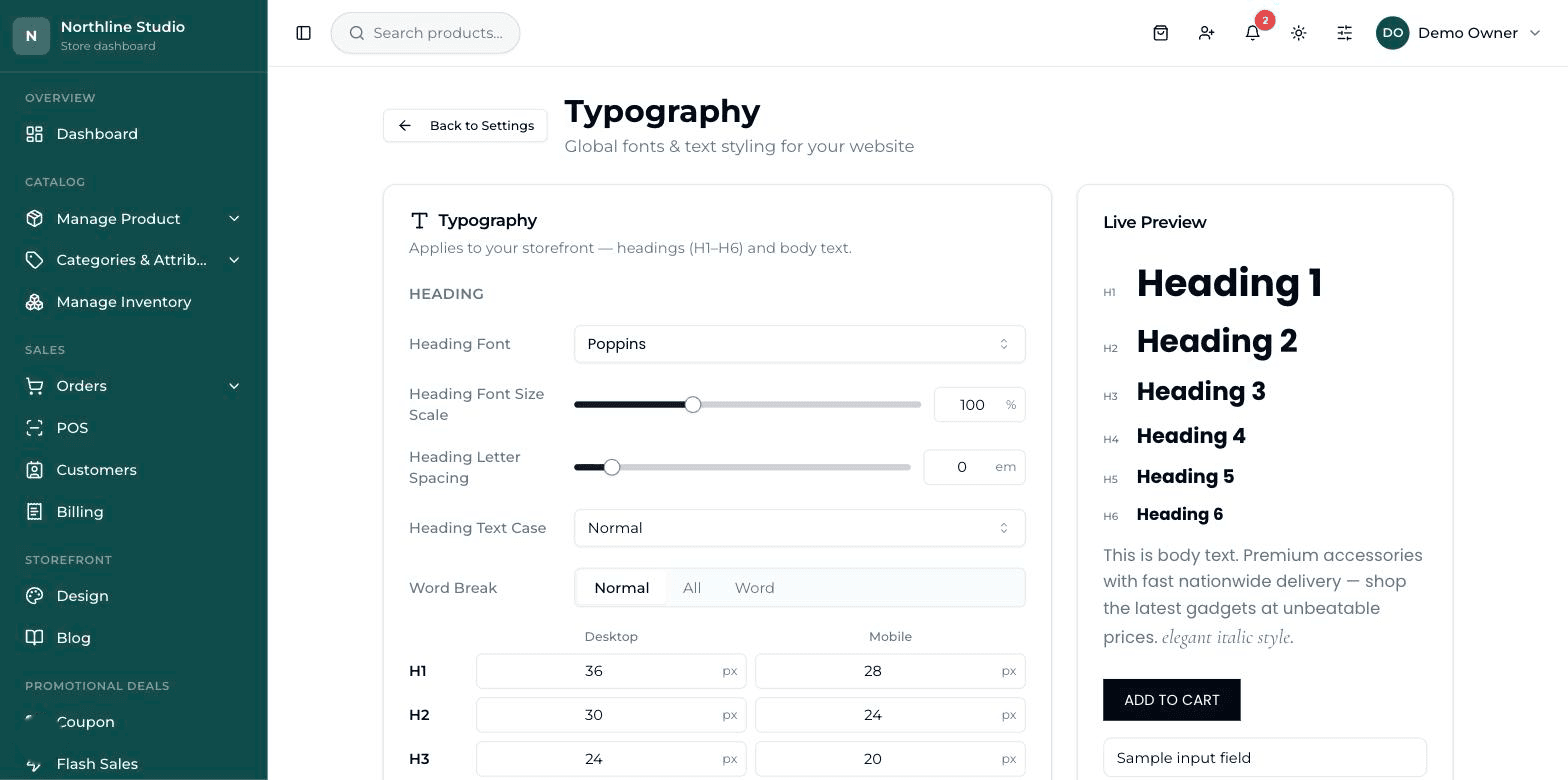 The Typography screen: font and size fields on the left, with a Live Preview panel.