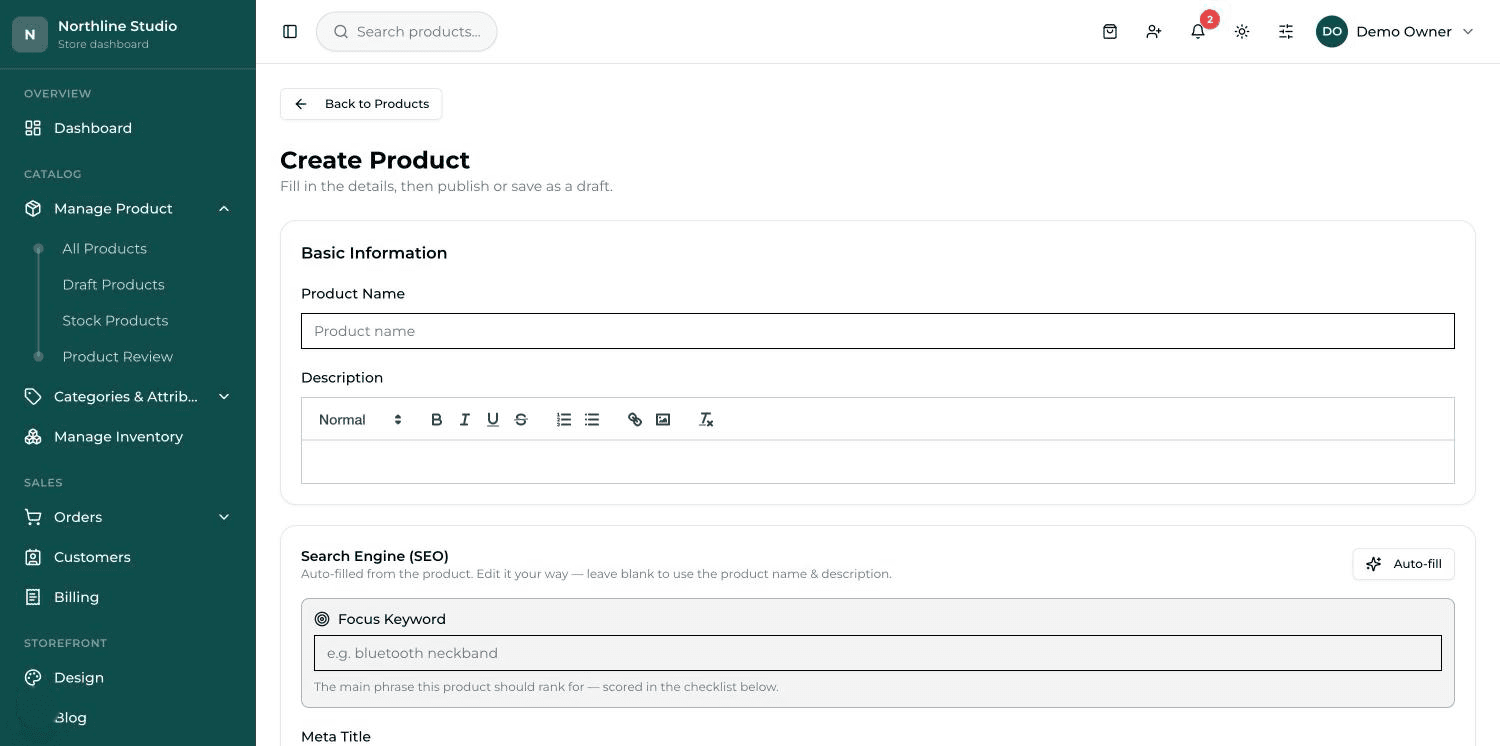 The Add Product form with its cards: Basic Information, Search Engine (SEO), Category, Pricing & Inventory.