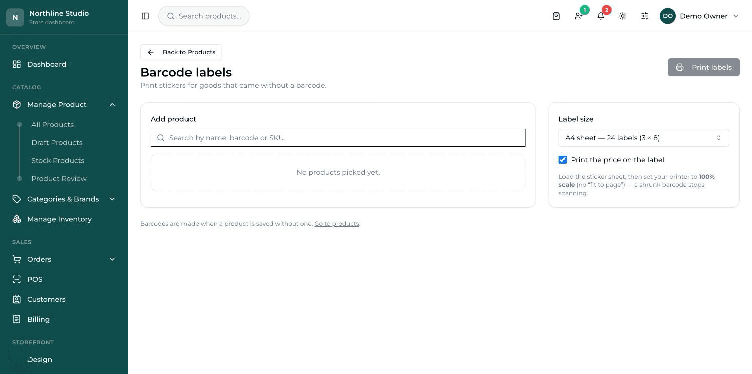 The Barcode labels screen: chosen products with a Copies box on the left, label size and price options on the right.