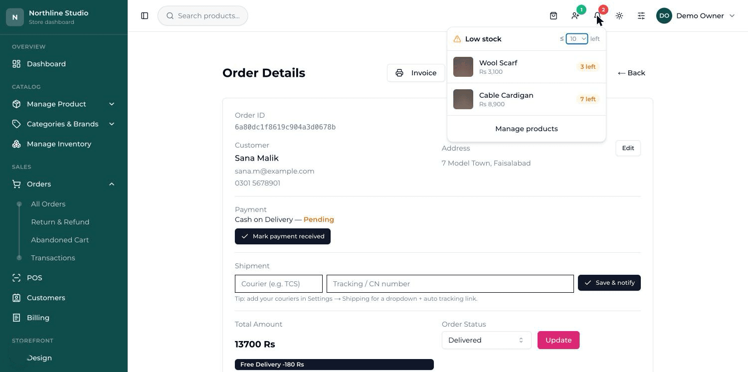 The low-stock panel open under the bell, listing products with how many are left.