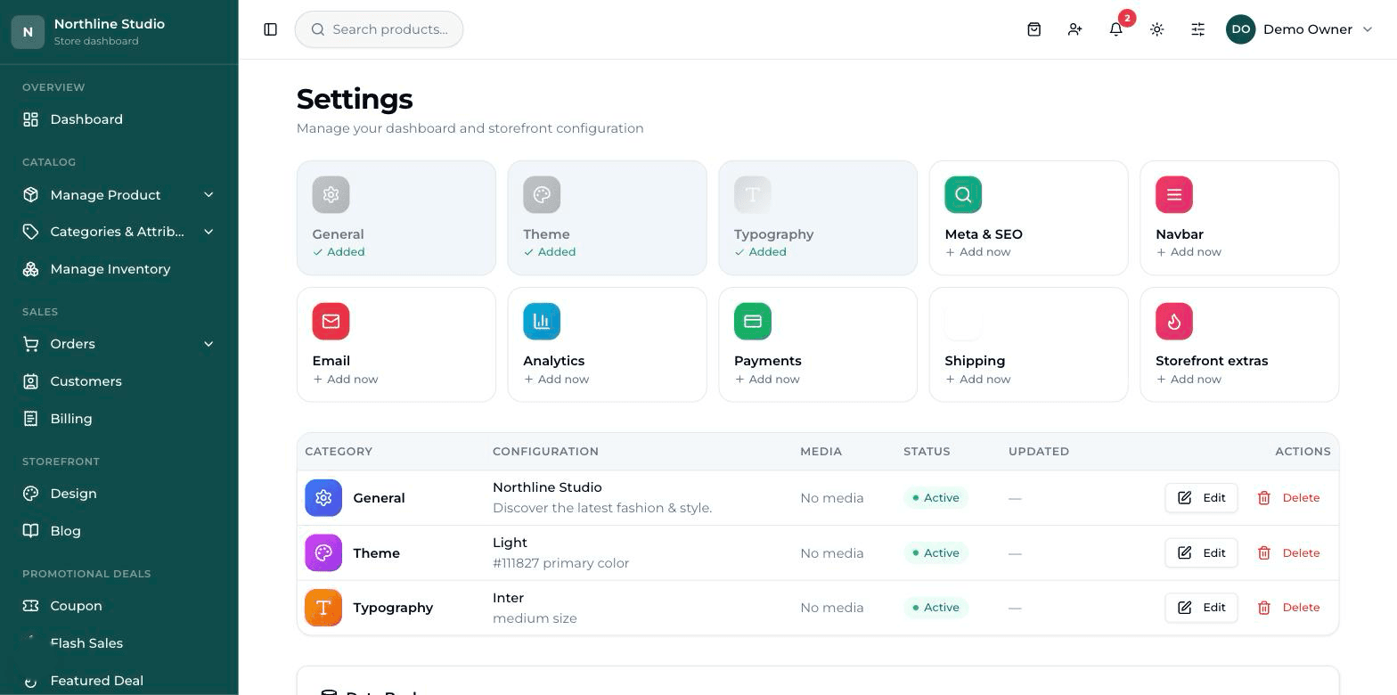 The Settings page with its coloured tiles: General, Theme, Typography, Meta & SEO, Navbar, Email, Analytics, Payments, Shipping and Storefront extras.