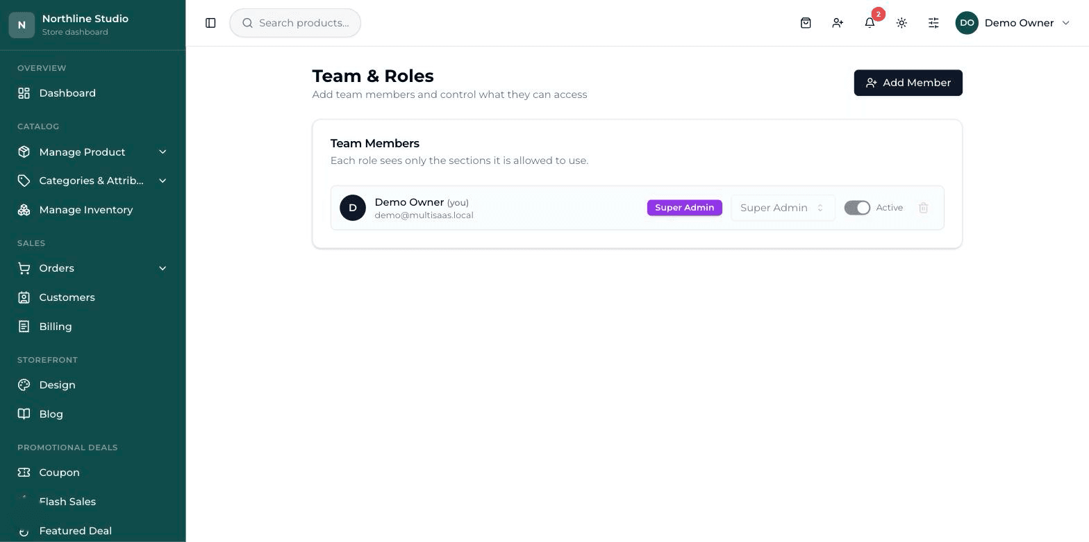 The Team & Roles screen: a list of members, each with a role badge, a role dropdown, an Active switch and a delete button.