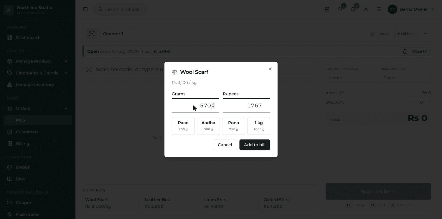 The weighing dialog, with a price worked out per kilo