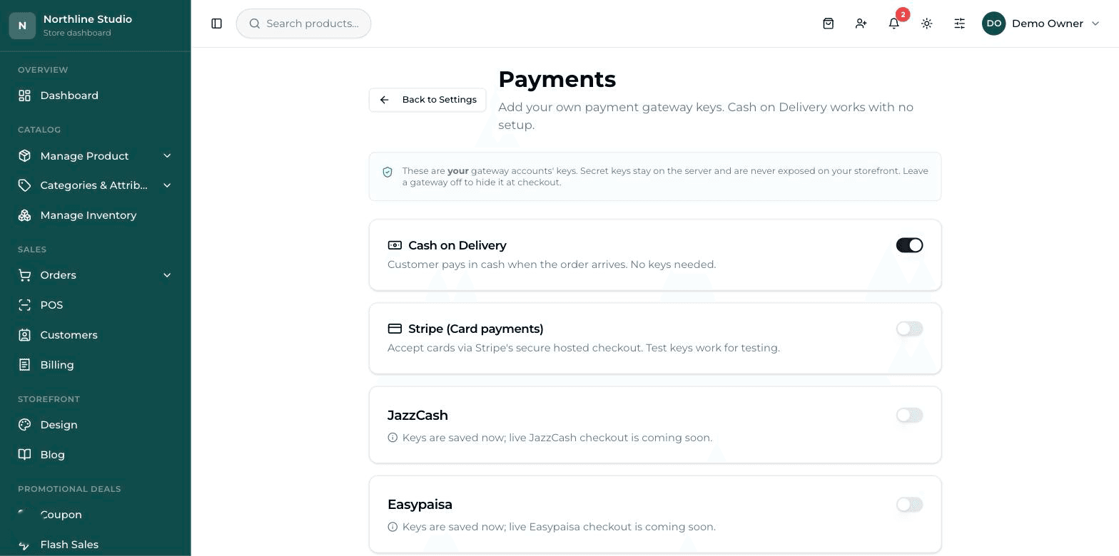 The payment settings, with the ways a shop can take money