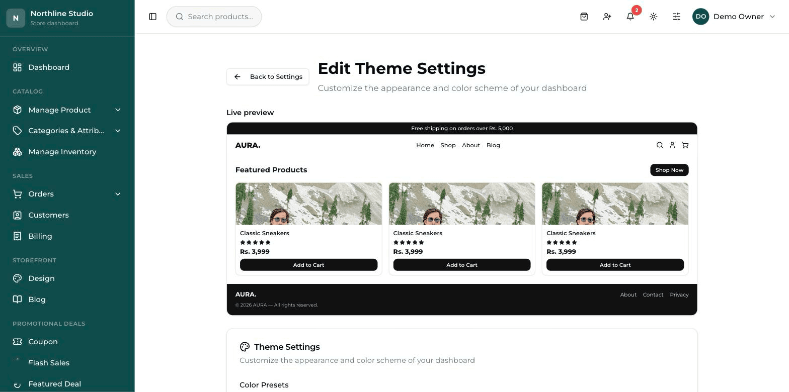 The theme settings, with colour fields and a row of swatches