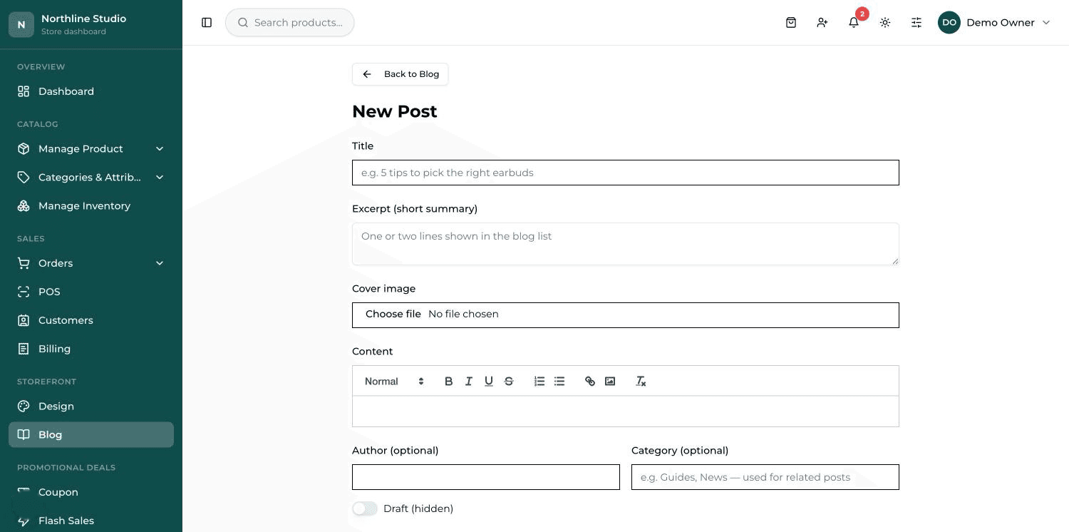 The New Post form: Title, Excerpt, Cover image, the writing area, Author, Category and the Draft / Published switch.