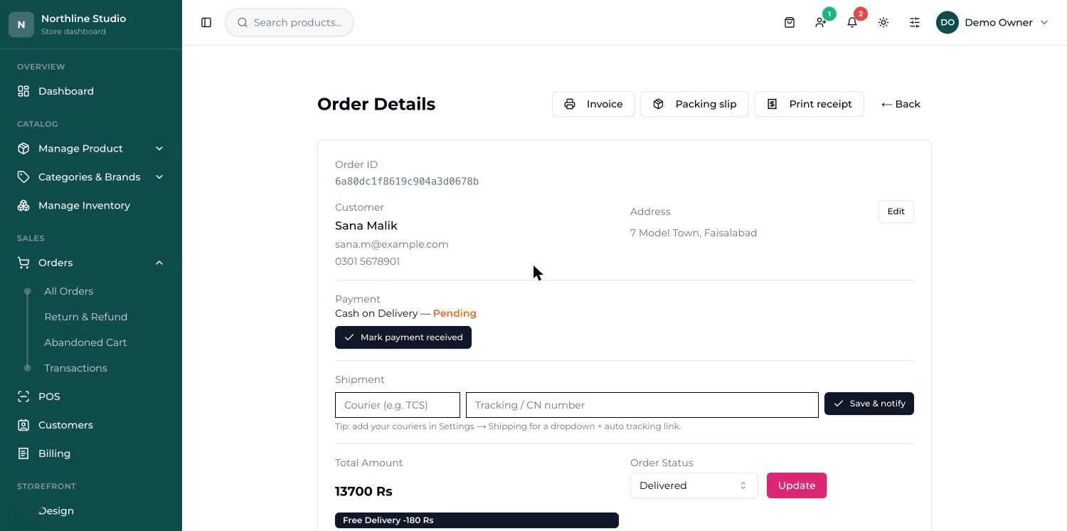 The Order Details screen: customer and address on top, then Payment, Shipment, the total, the status dropdown, and the list of items.