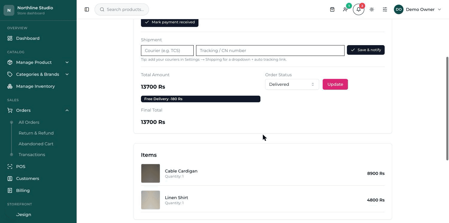 The Payment block on an order, showing the payment method, the coloured status, and the Mark payment received button.