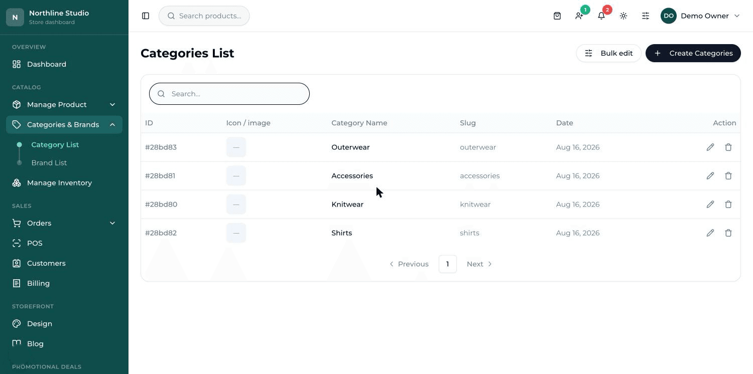 The Category List table: picture, category name, slug and date, with edit and delete buttons on each row.