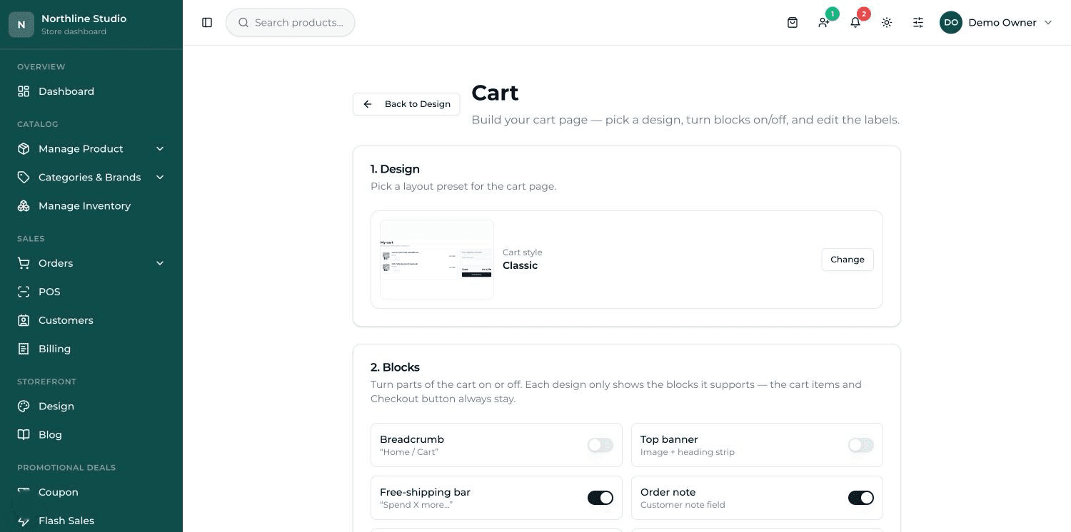 The cart design settings